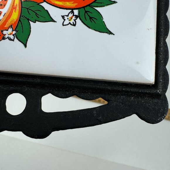 Vtg Florida Oranges White Ceramic Tile Cast Iron Trivet Tabletop Hanging Handle - Picture 9 of 12